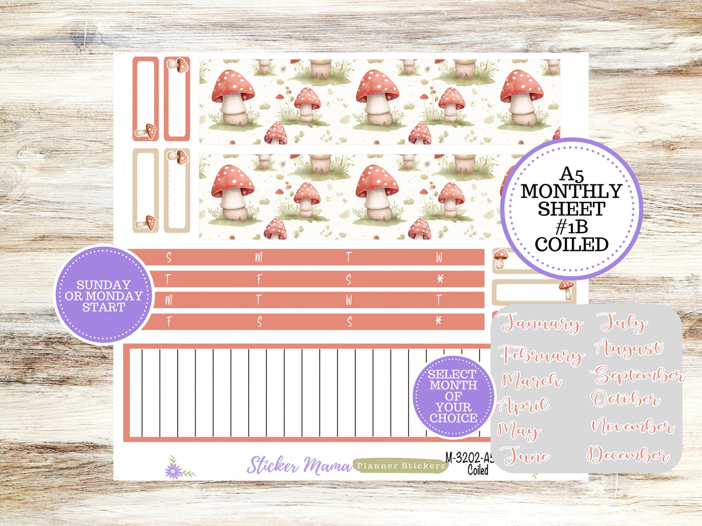 ERIN CONDRE Monthly  Kit-3202 || A5 || Mushroom Bloom Stickers  || - ec any Monthly Kit - Mushroom Monthly Planner Kits - Monthly Budget