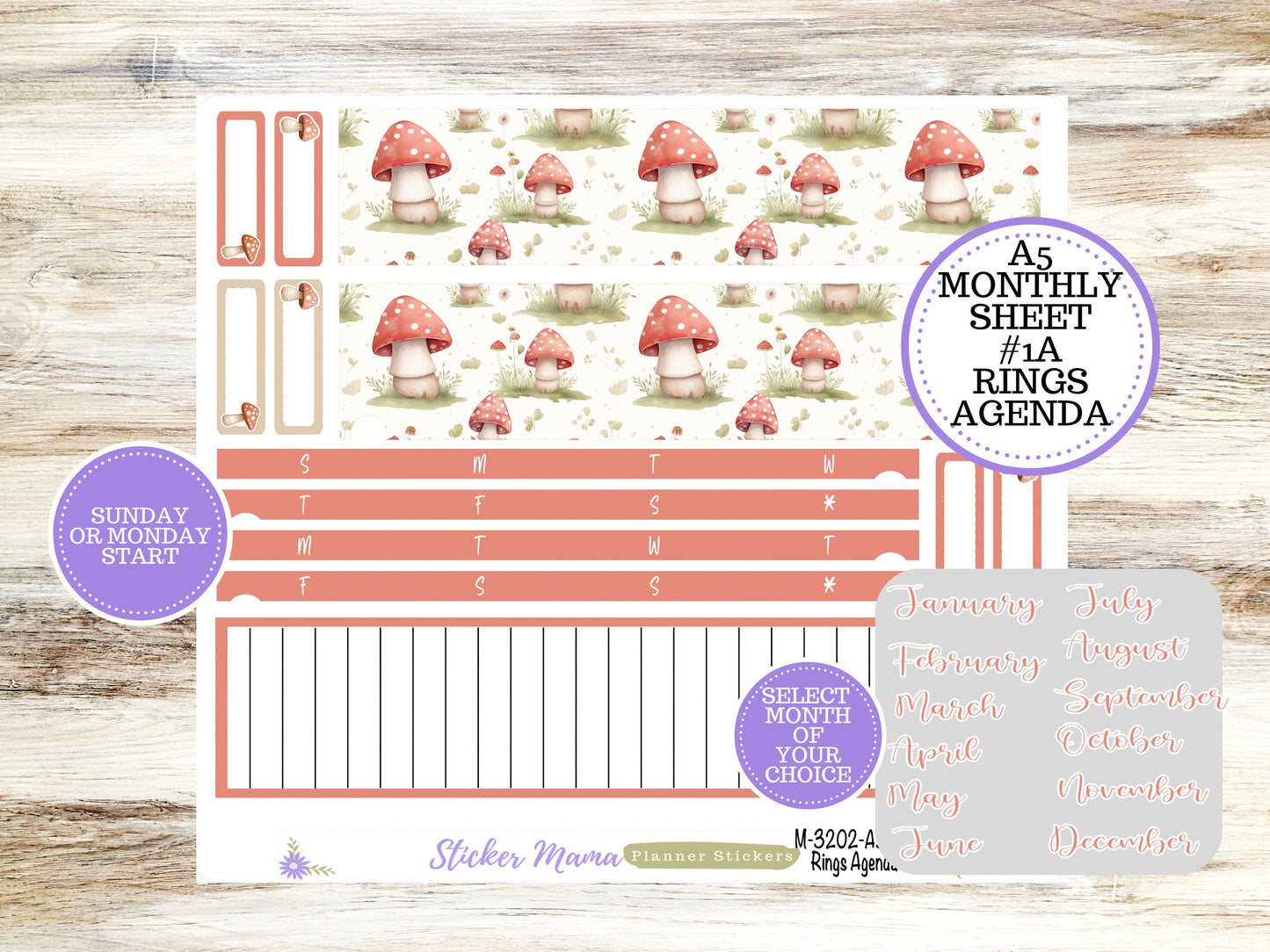 ERIN CONDRE Monthly  Kit-3202 || A5 || Mushroom Bloom Stickers  || - ec any Monthly Kit - Mushroom Monthly Planner Kits - Monthly Budget