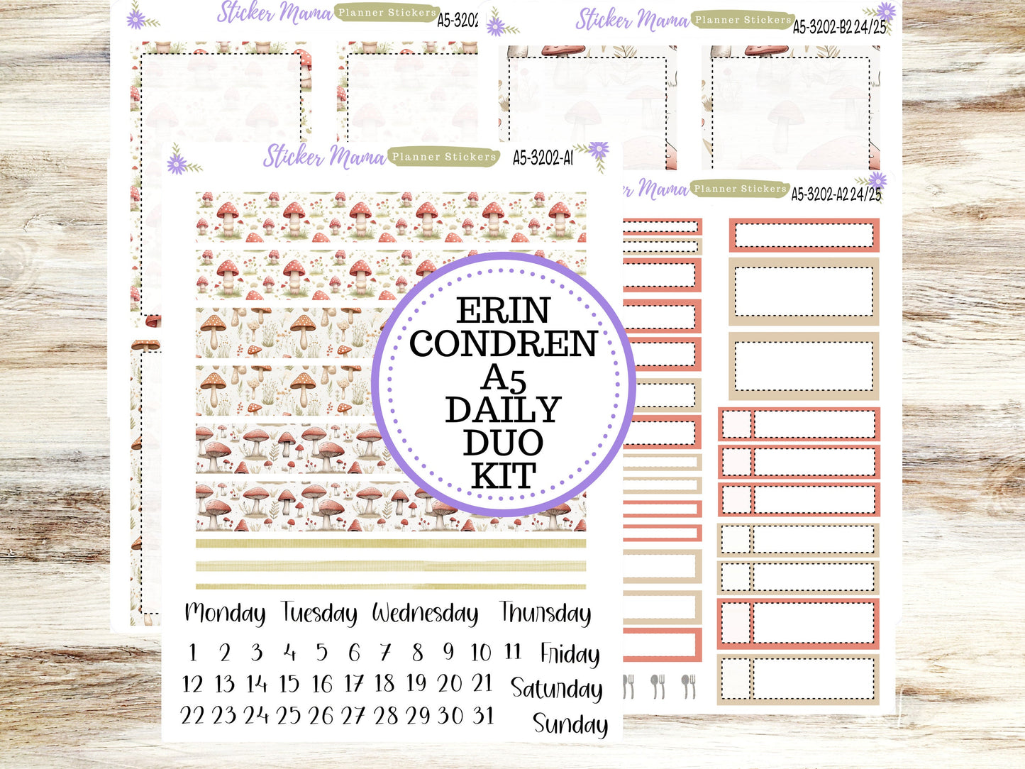 A5-DAILY DUO-Kit #3202  || Mushroom Bloom || March Planner Stickers - Daily Duo A5 Planner - Daily Duo Stickers - Daily Planner