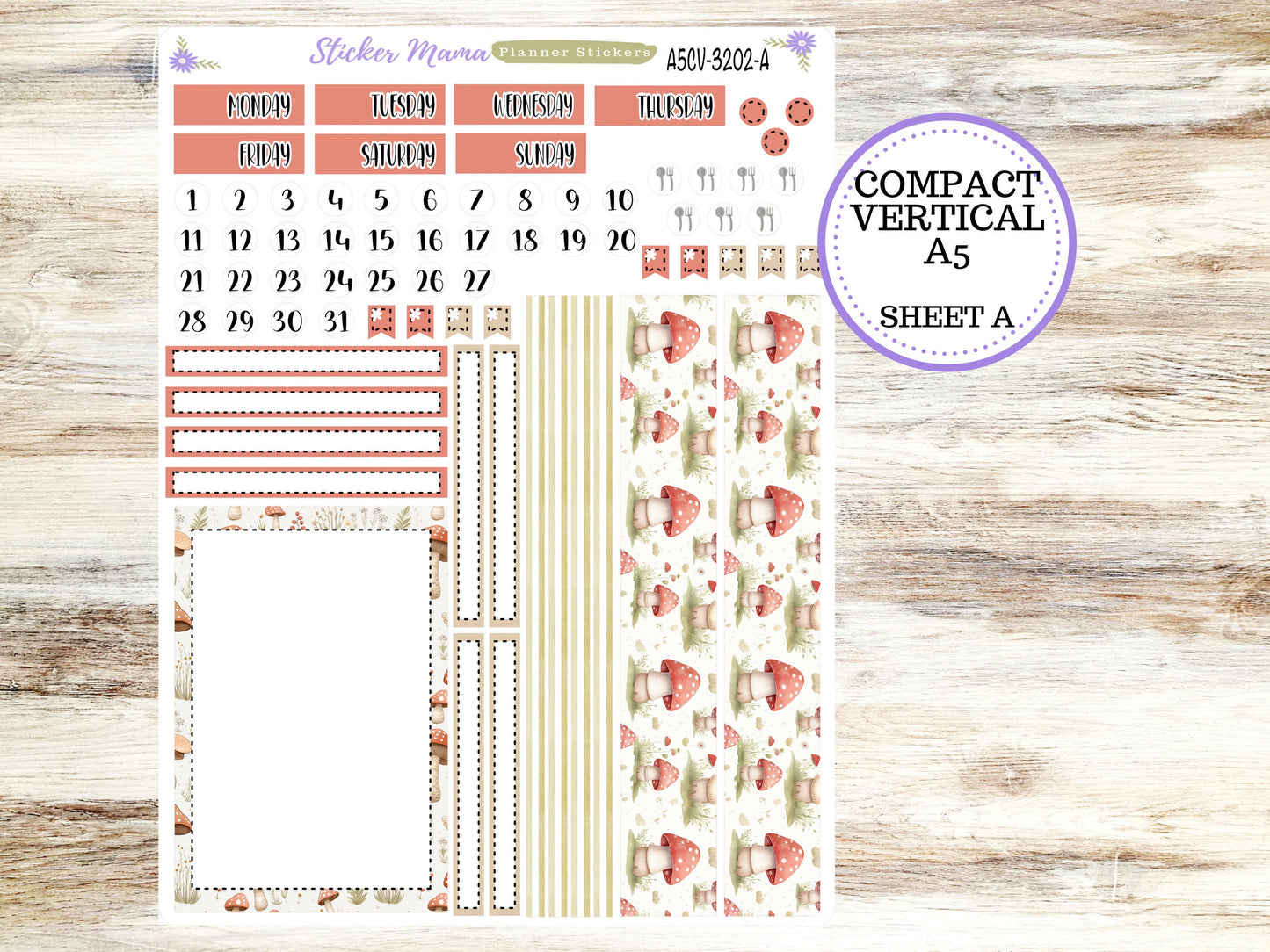 ERIN CONDREN A5 Compact Vertical-Kit #3202 || Mushroom Bloom - Planner Stickers - Erin Condren Compact Vertical  Weekly Kit