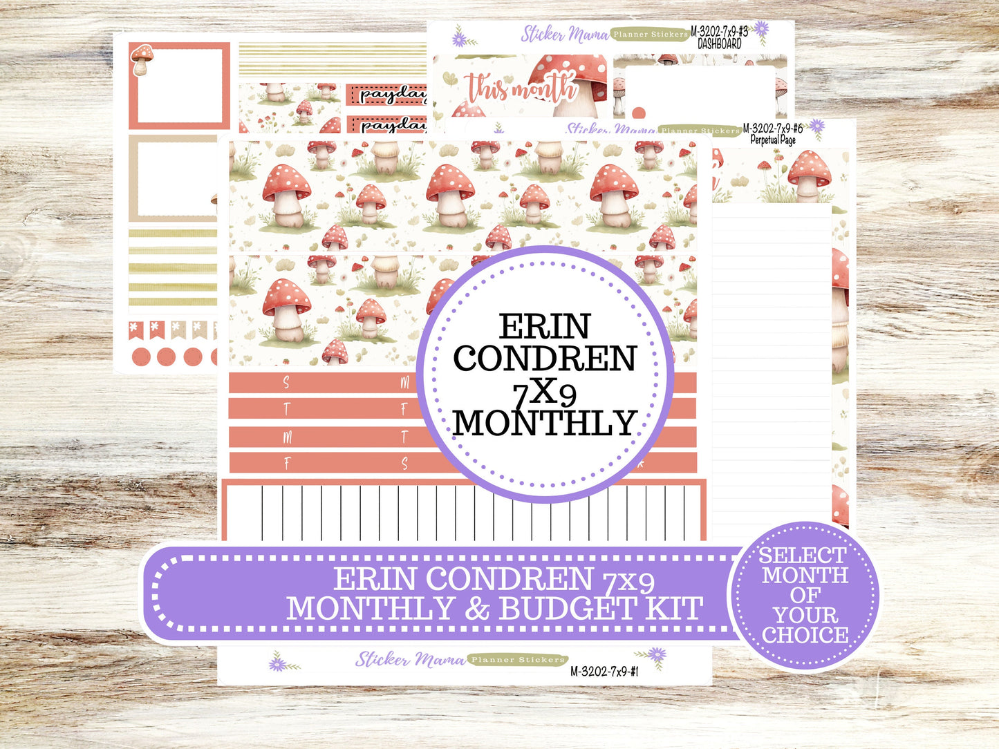 ERIN CONDREN Monthly Kit-3202 || 7X9 ||  Mushroom Bloom Monthly  - 7x9 EC Any Monthly Kit - Mushroom Monthly Planner Kits -  Monthly Budget