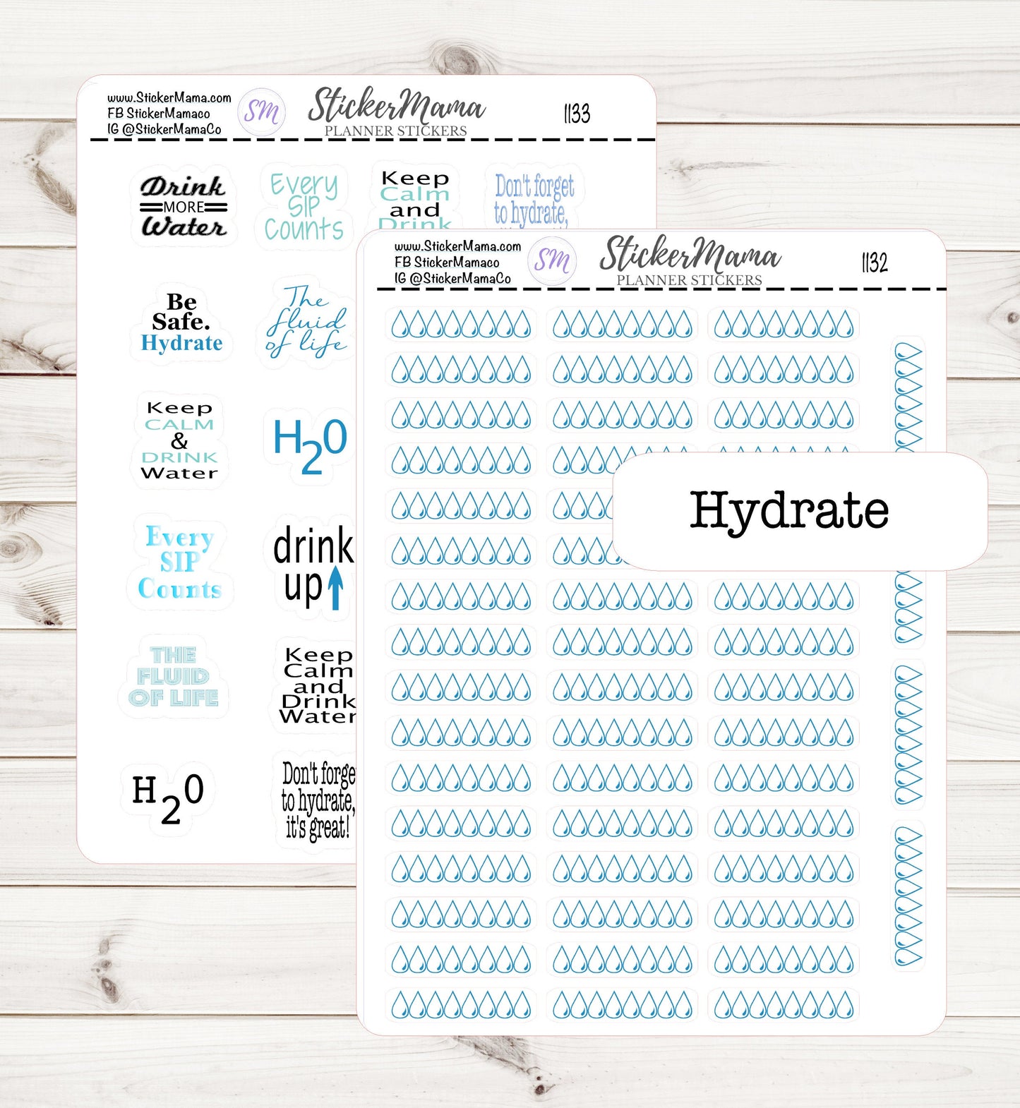 HYDRATE STICKERS 1132 1133 Planner Stickers Water Intake Stickers H20 Stickers Water Quote Planner Stickers