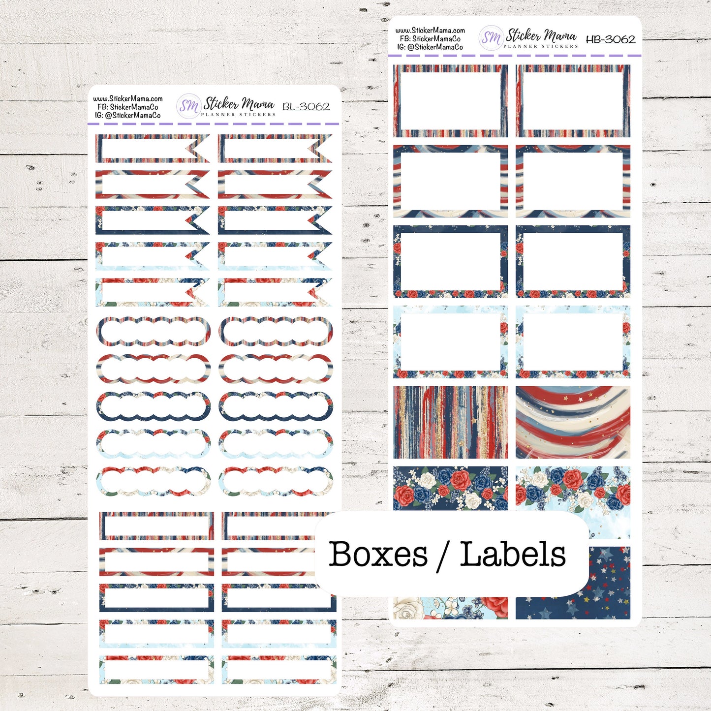 BL-3062 - HB-3062 BASIC Label Stickers - Patriotic - Half Boxes - Planner Stickers - Full Box for Planners
