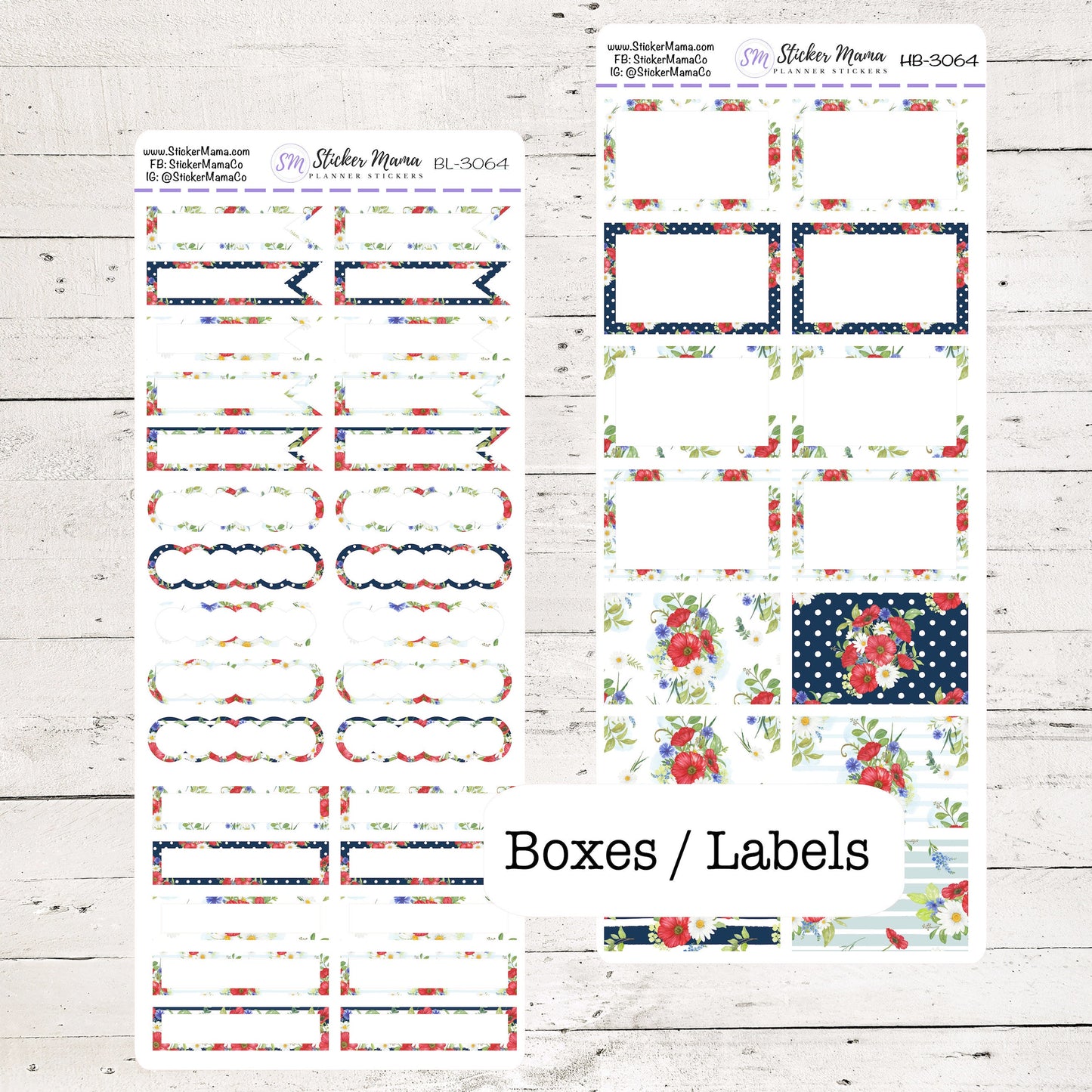 BL-3064 - HB-3064 BASIC Label Stickers - Poppies - Half Boxes - Planner Stickers - Full Box for Planners
