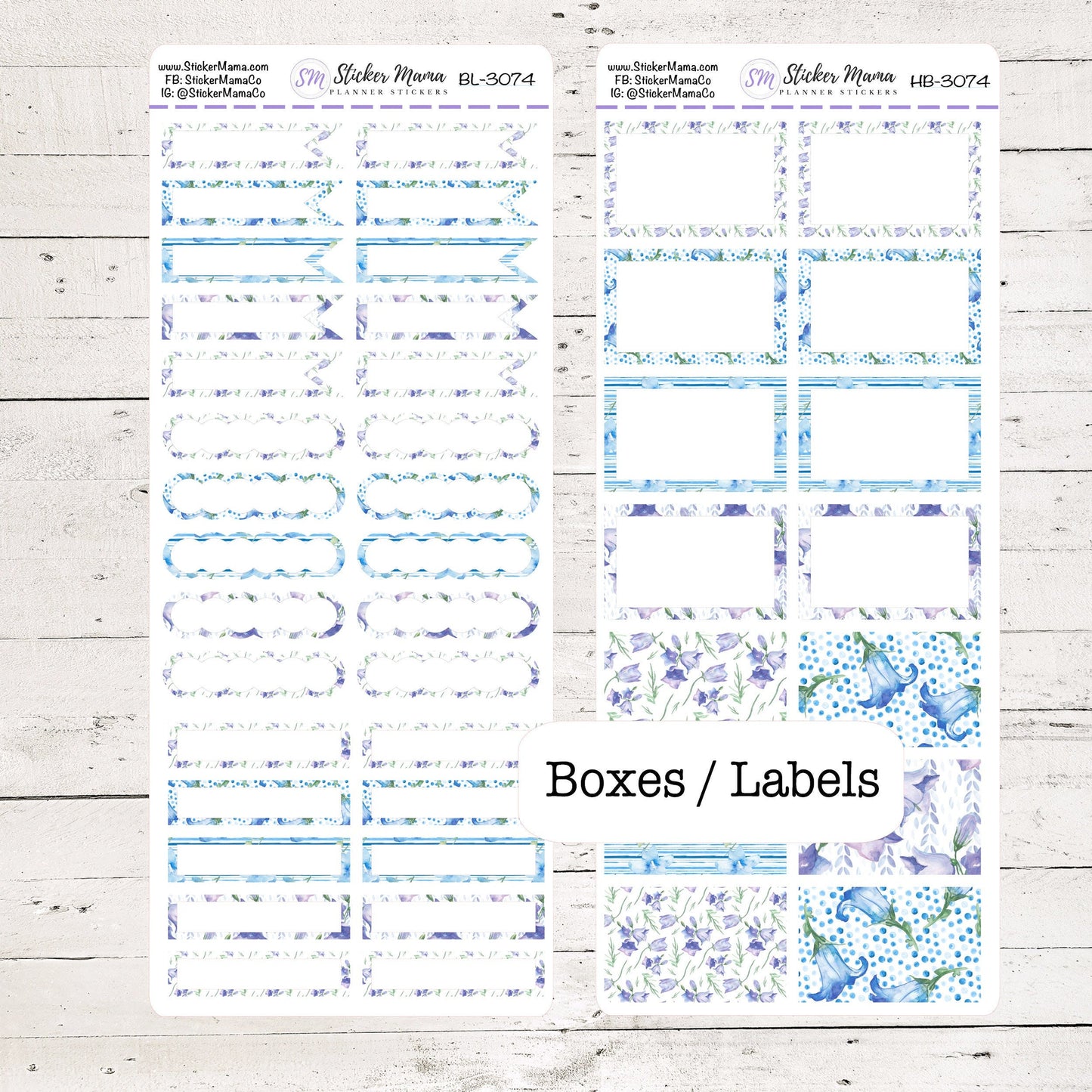 BL-3074 - HB-3074 BASIC Label Stickers - Bellflowers - Half Boxes - Planner Stickers - Full Box for Planners