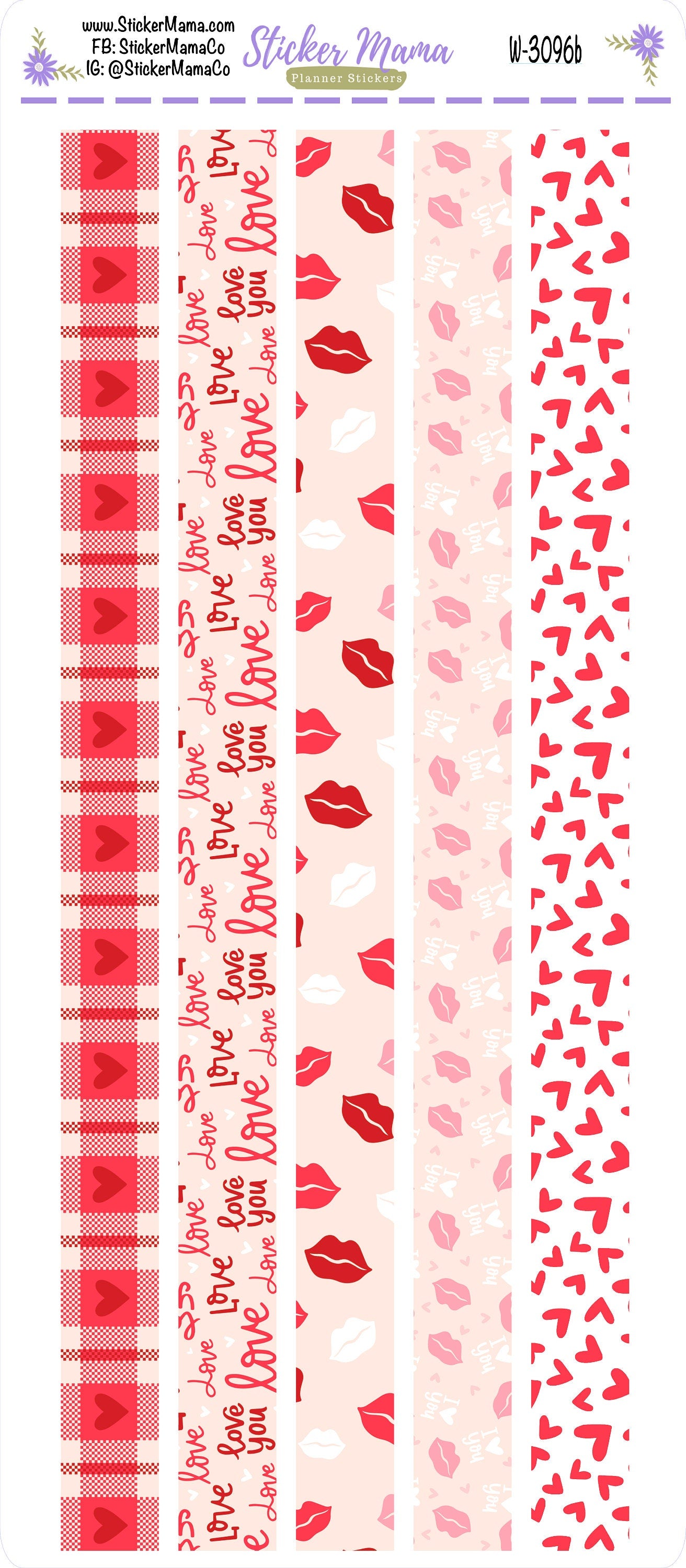 W-3096- Hearts 'n Kisses Washi Stickers || Planner Stickers || Washi for Planners