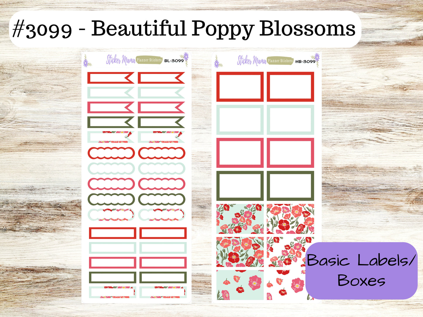 BASIC/HALF-BOX Stickers-3099 || Beautiful Poppy Blossoms || Basic Label Stickers -  - Half Boxes - Planner Stickers - Full Box for Planners