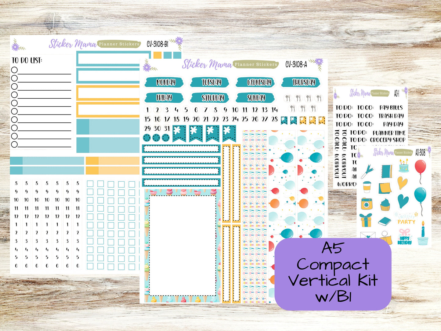 A5 COMPACT VERTICAL-Kit #3108 ||  Happy Birthday! - Compact Vertical - Planner Stickers - Erin Condren Compact Vertical Weekly Kit