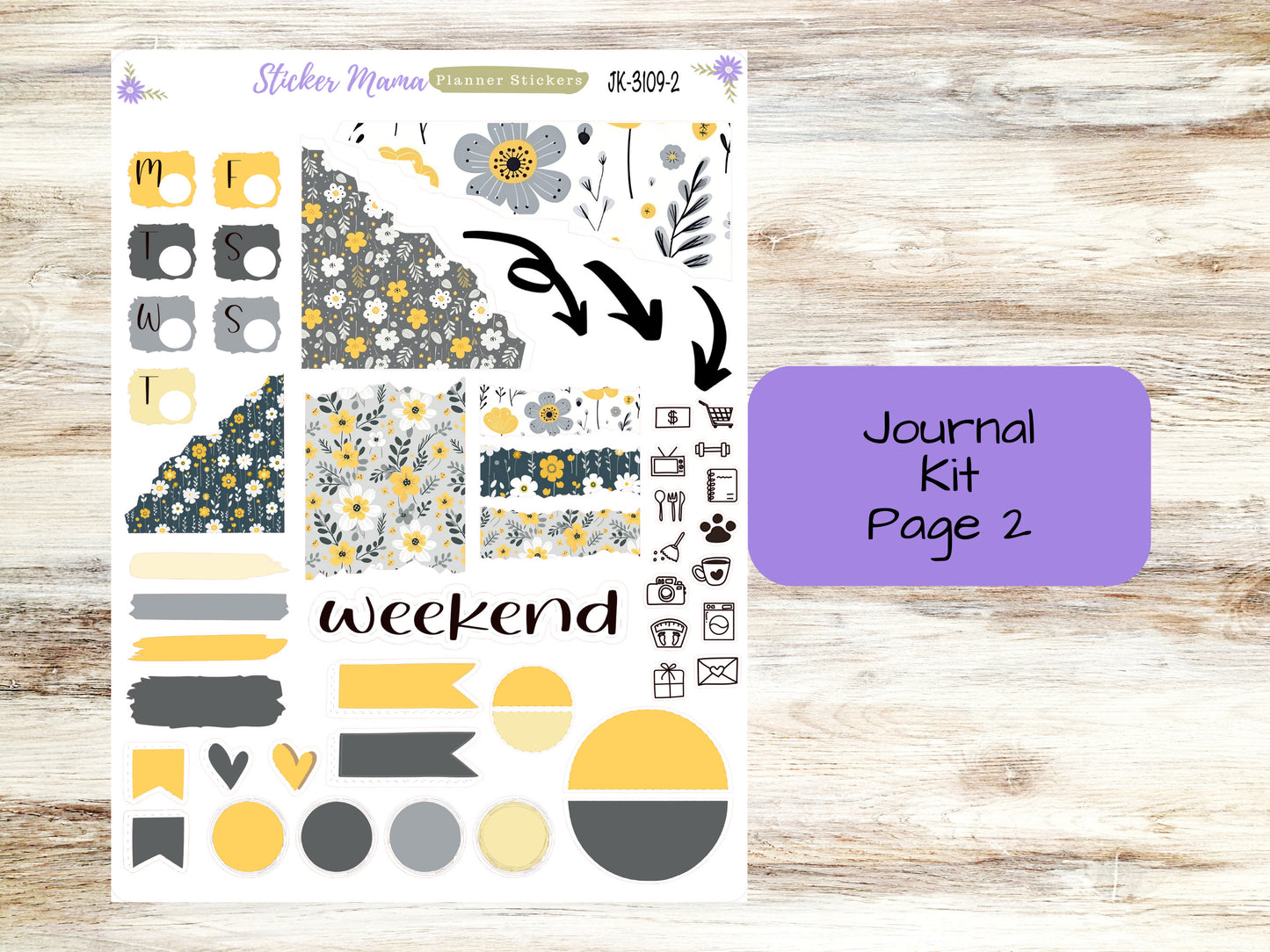 JOURNALING KIT  || #3109 || Grey and Yellow Floral  || Journal Planner || Planner Stickers || Journal Stickers