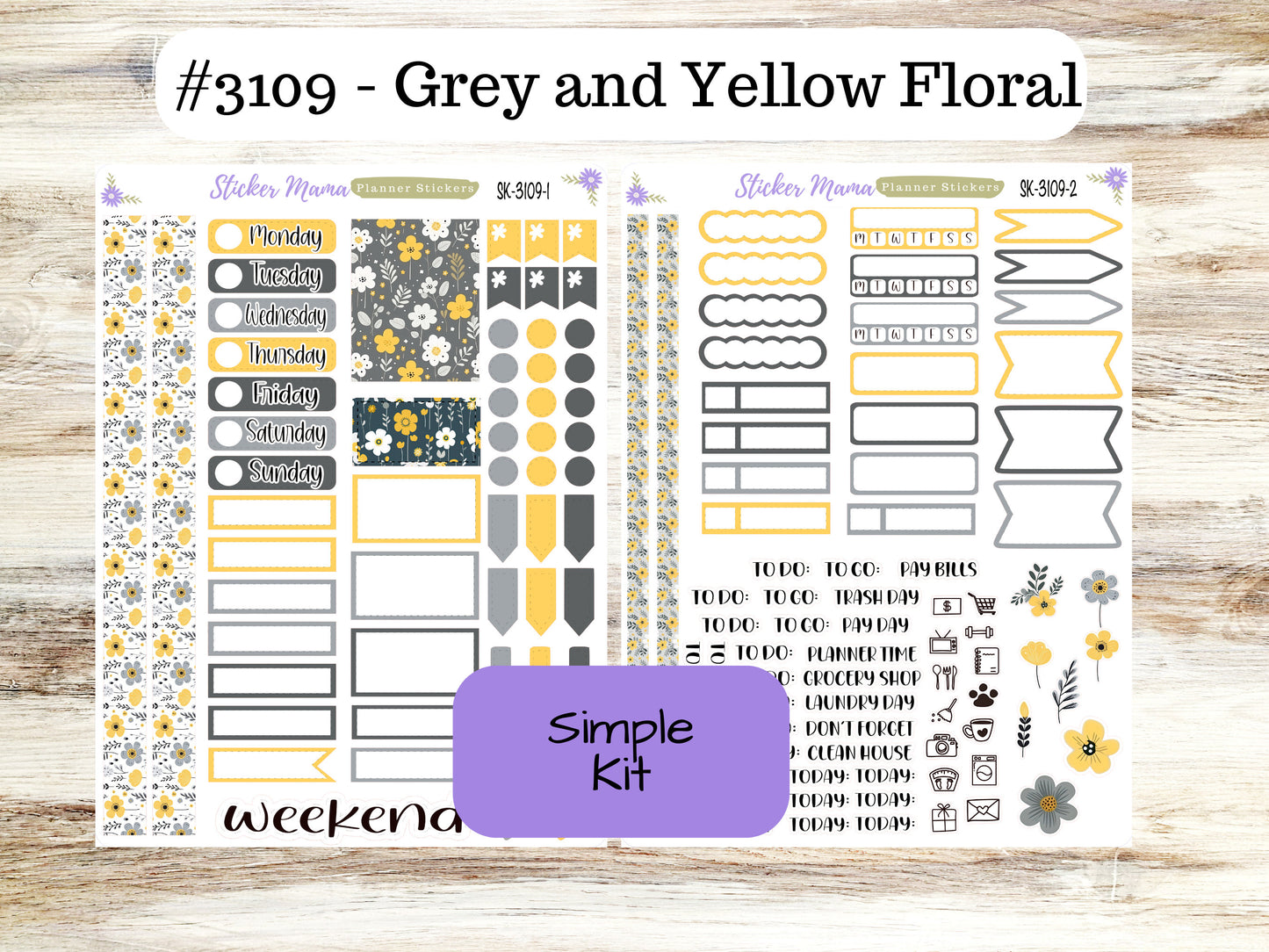 SIMPLE KIT  || #3109 || Grey and Yellow Floral  || Any Kind Planner || Planner Stickers || Planner Stickers