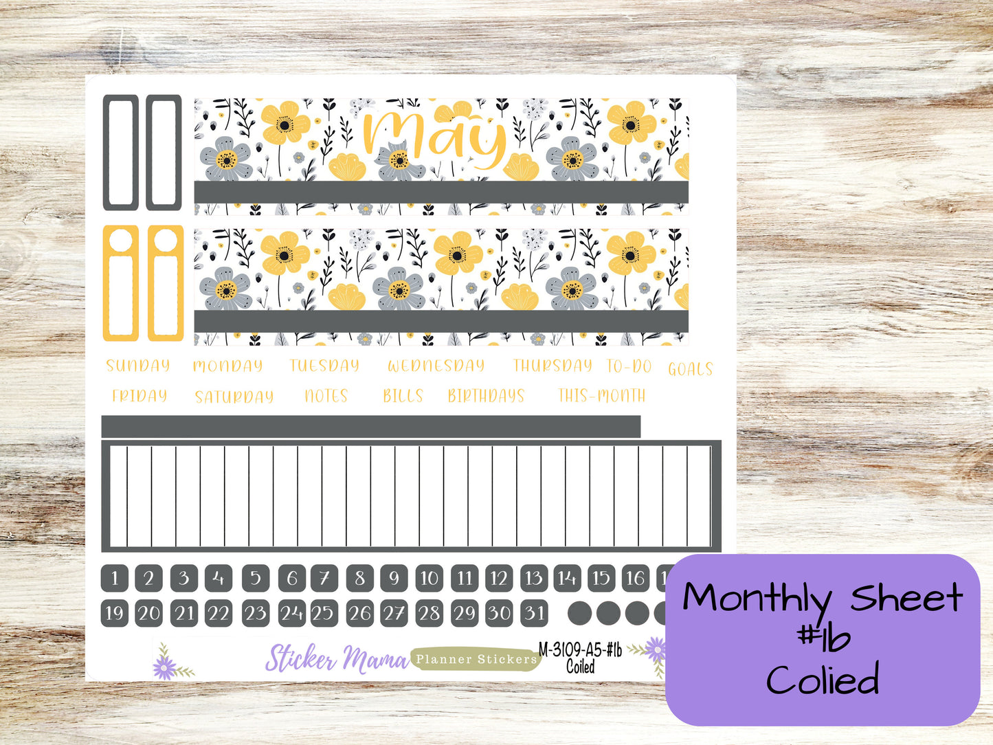 MONTHLY KIT-3109 || A5 || Grey and Yellow Floral  || - ec May Monthly Kit - MayMonthly Planner Kits - Monthly Pages